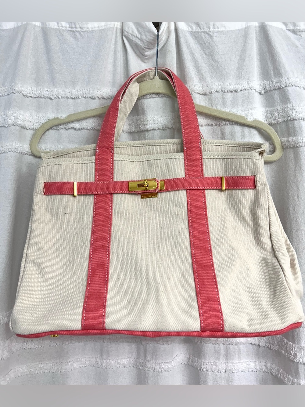 NWOT Boatkin Cream Canvas Tote with Pink Trim & Gold Hardware